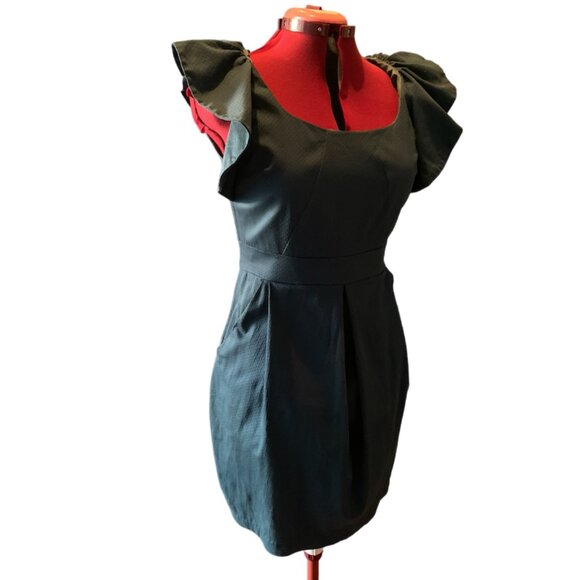 PINK MARTINI - Green dress - flair sleeves - midi lengh - medium - Picture 2 of 14